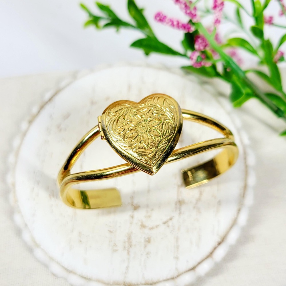 Vintage Avon Gold Tone Heart Locket Cuff Bracelet  Engraved Floral Photo Bangle